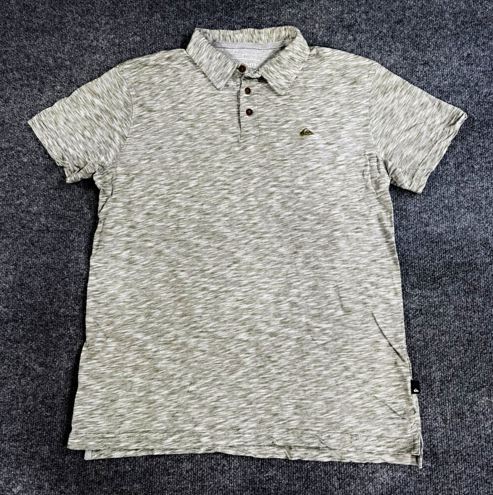 Quiksilver Mens Polo Shirt Size L Gray Olive Striped Short Sleeve Modern Fit